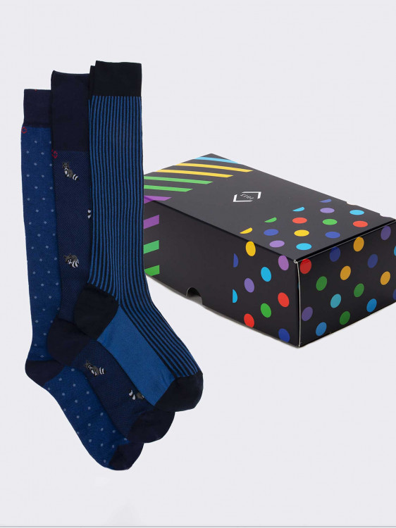 Gift box 3 pairs geometric animal blue patterned socks Gift idea Made in Italy
