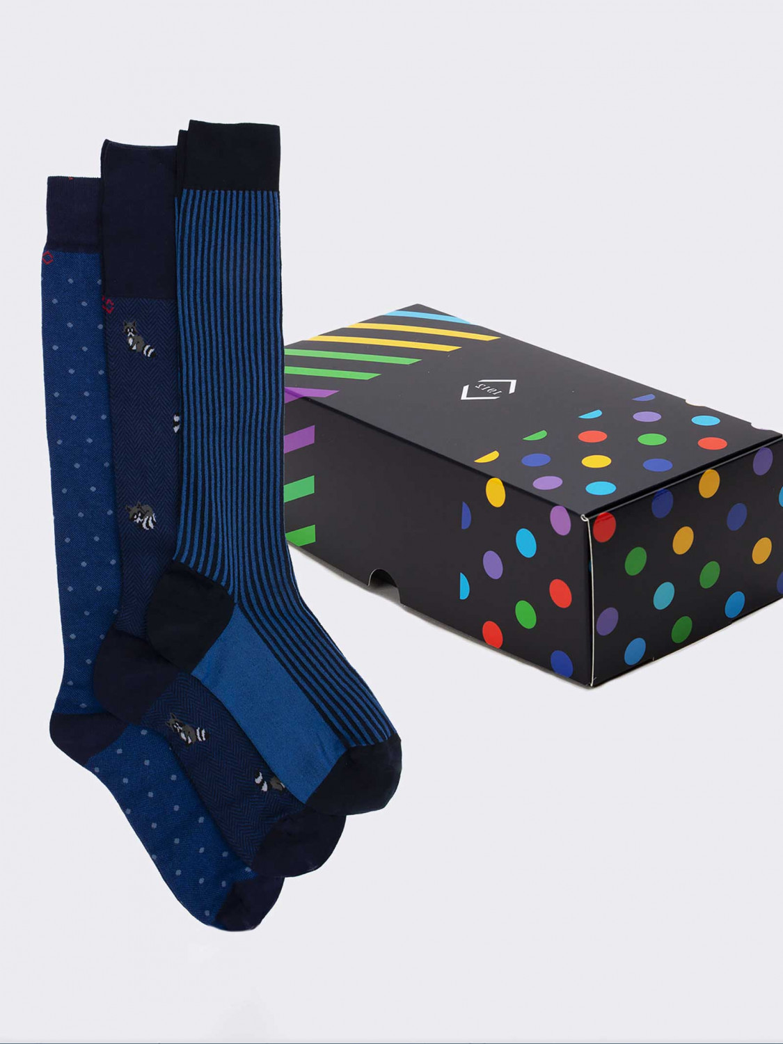 Geschenkpackung 3 Paar geometrische Socken mit blauem Muster Geschenkidee Made in Italy