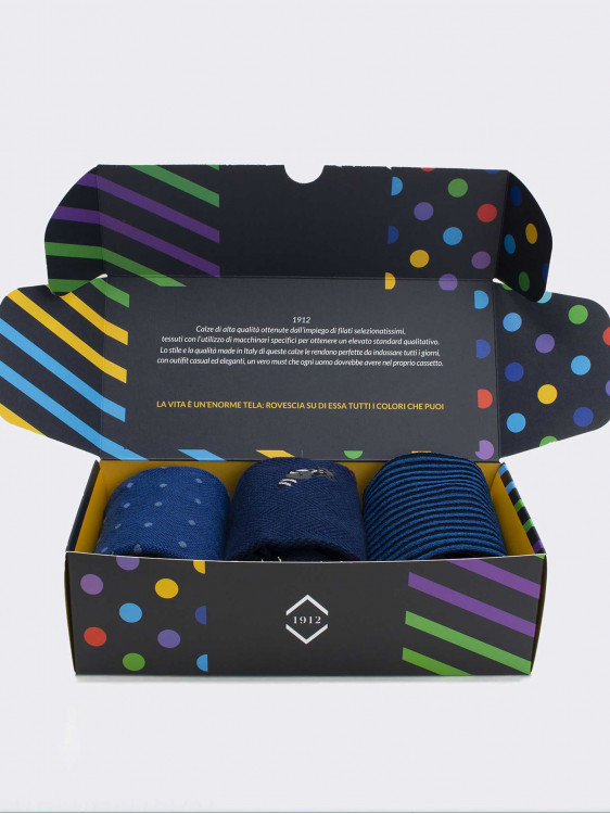 Gift box 3 pairs geometric animal blue patterned socks Gift idea Made in Italy