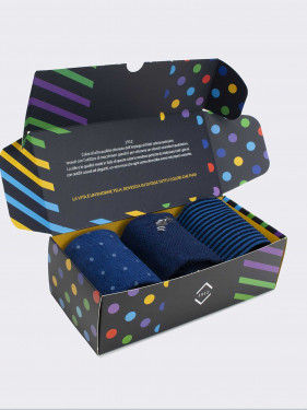 Geschenkpackung 3 Paar geometrische Socken mit blauem Muster Geschenkidee Made in Italy