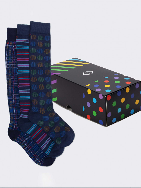 Gift Box 3 Pair Geometric Blue Men's Socks Gift Idea Made in Italy