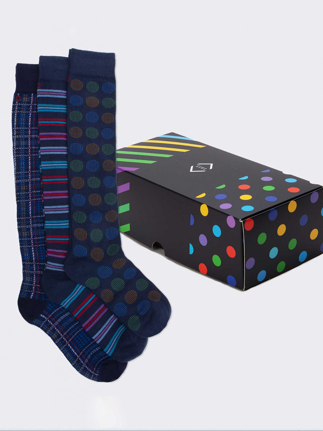 Geschenkbox 3 Paar geometrische blaue Herrensocken Geschenkidee Made in Italy