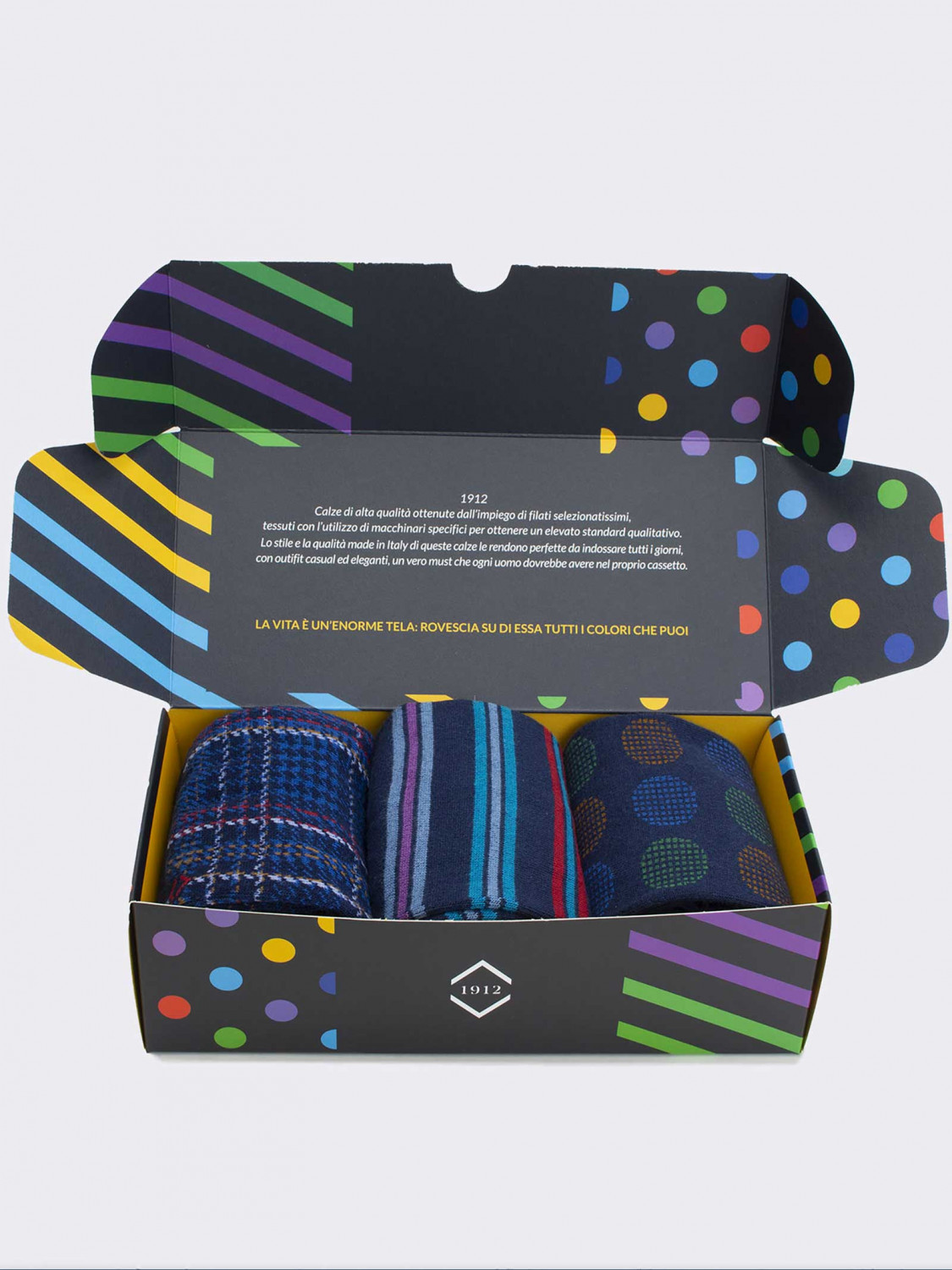 Gift Box 3 Pair Geometric Blue Men's Socks Gift Idea Made in Italy