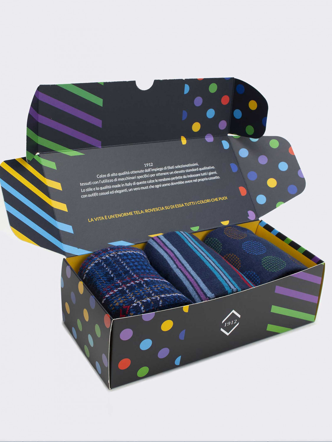 Gift Box 3 Pair Geometric Blue Men's Socks Gift Idea Made in Italy