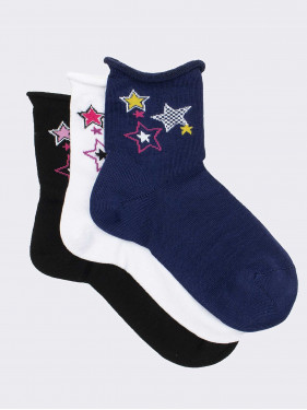 Trio of Girl's Star Patterned Calf Socks in Fresh Cotton
