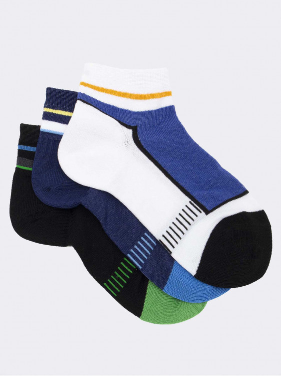 Three short children's striped patterned socks in fresh cotton