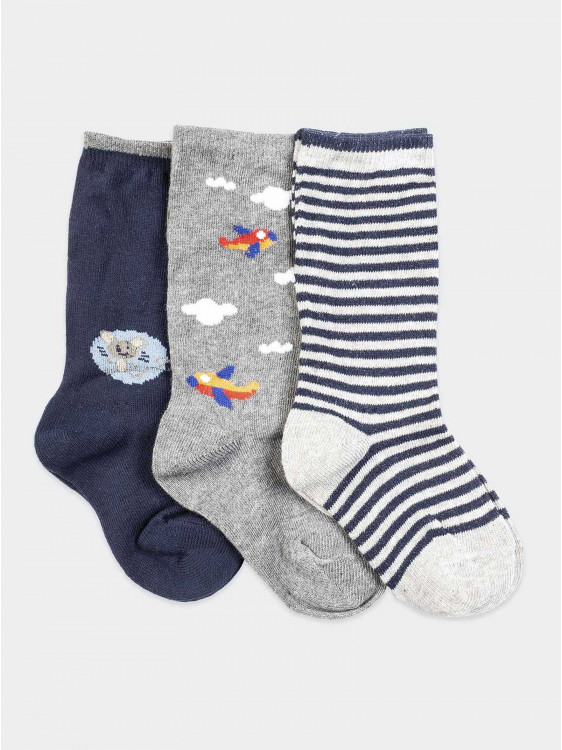 Drei lange Socken für Jungen mit Maus, Streifen und Flugzeuge Muster