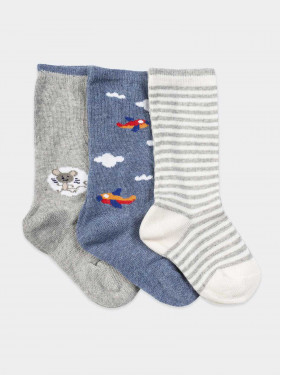 Drei lange Socken für Jungen mit Maus, Streifen und Flugzeuge Muster