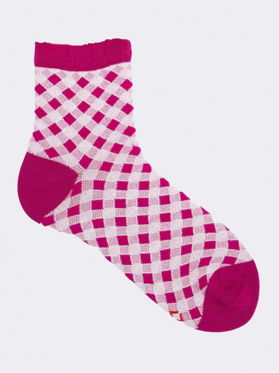 Women's Check Patterned Calf Socks in Fresh Cotton
