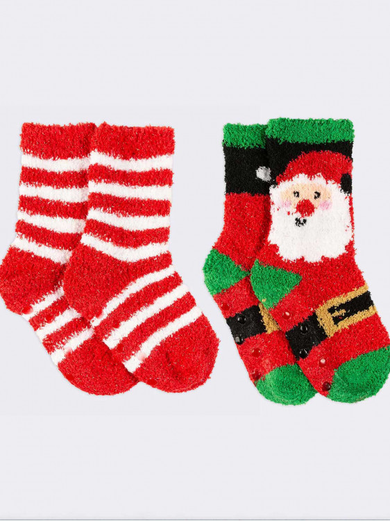Coppia calze Natale fantasie righe e Babbo Natale