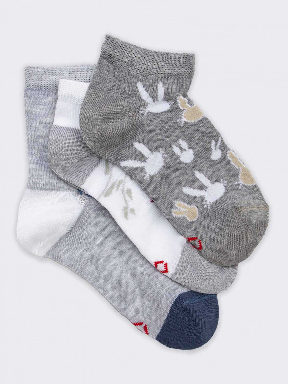 Drei Socken für Mädchen mit Kaninchenmuster - Bio-Baumwolle Made in Italy