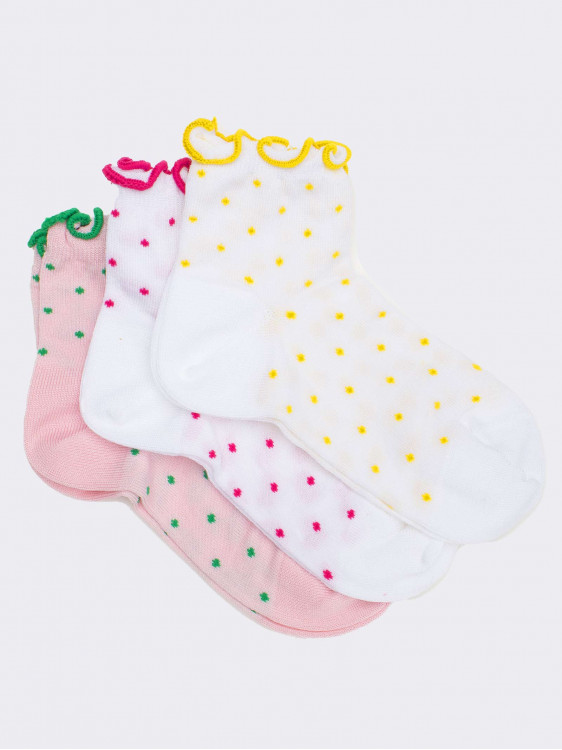 Tris polka dot patterned girl socks with worked cuff