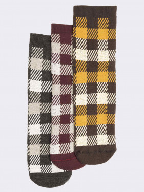 Dreierlei Socken mit Karomuster für Frauen aus warmer Baumwolle