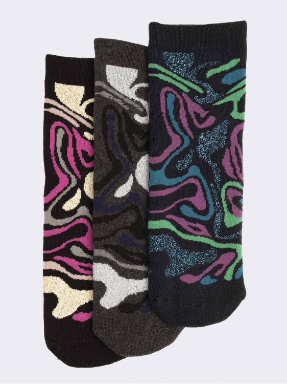 Drei kurze Socken für Frauen mit Lurex-Tiermustern aus warmer Baumwolle