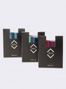 Three-pack men's mix-patterned no show socks with small box