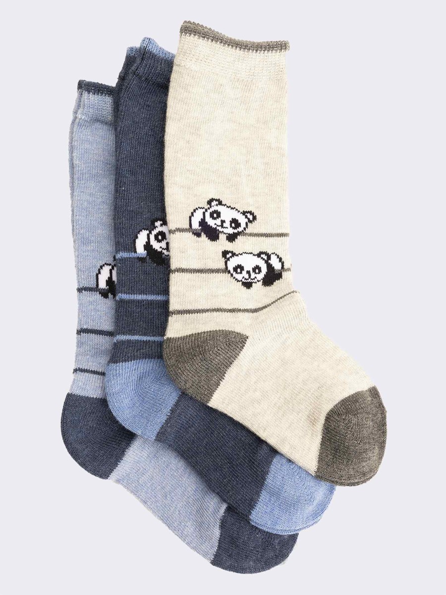 Three panda patterned baby knee-highs in warm cotton