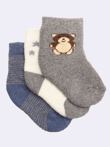 Three mixed patterned baby boy socks in warm cotton