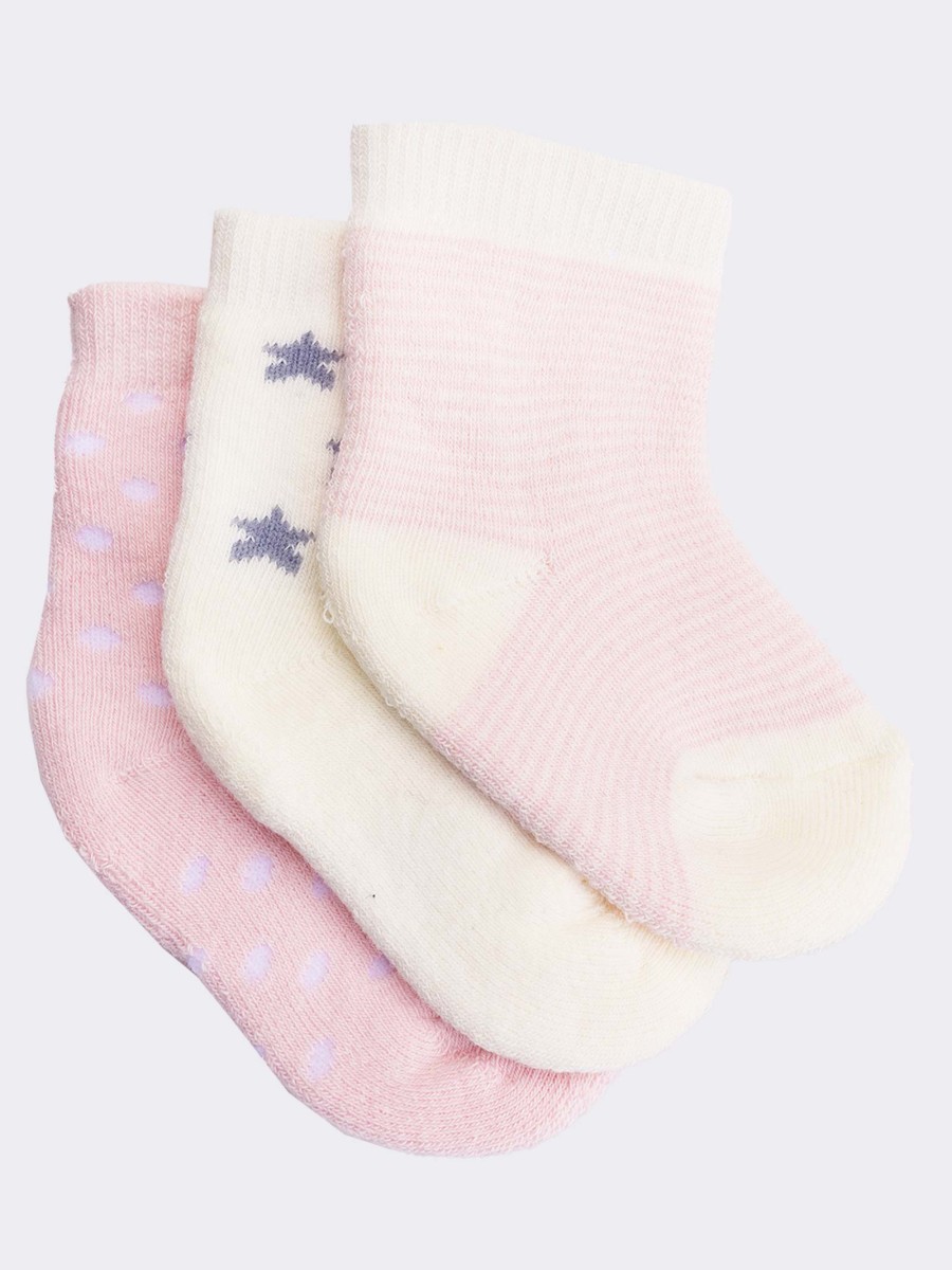 Three mixed patterned baby socks in warm cotton