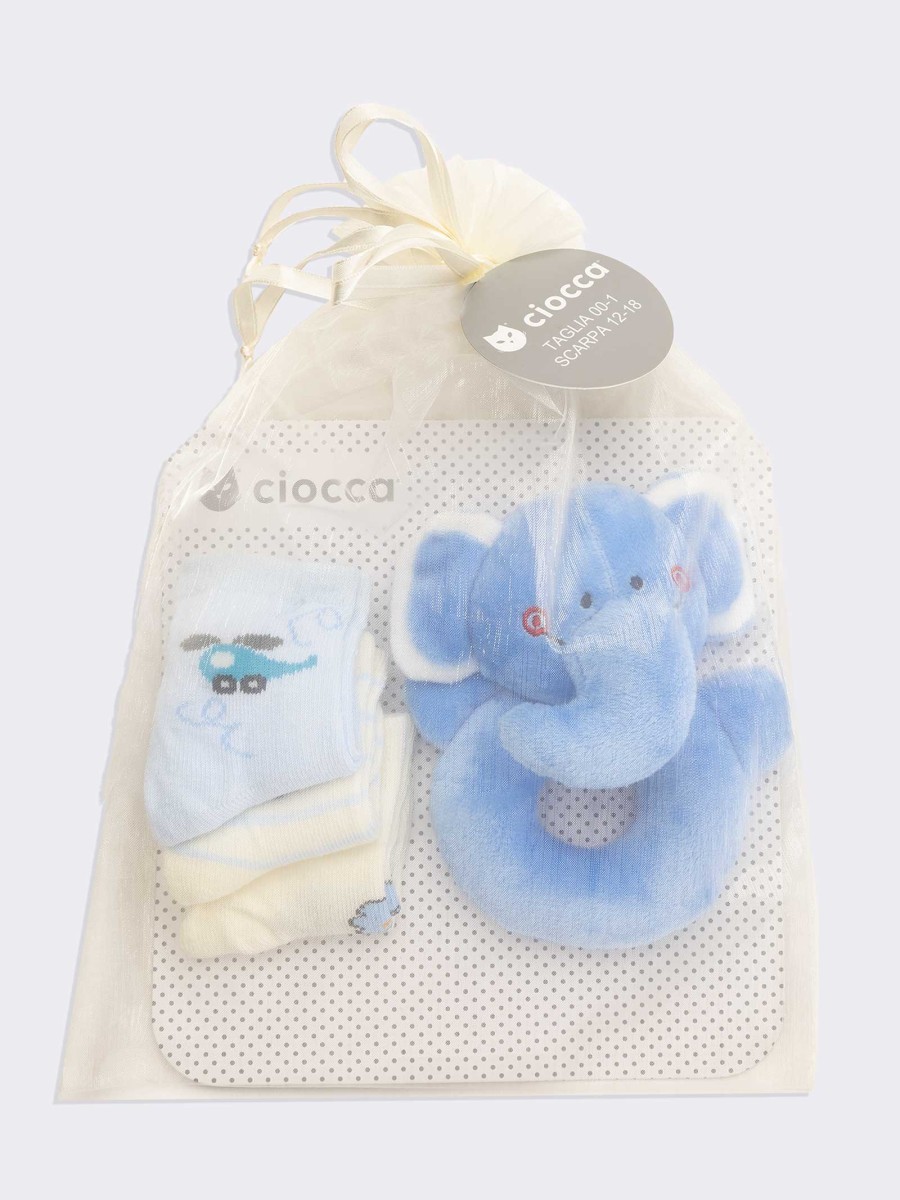 Three patterned baby socks in warm cotton - gift pack with Rattle 