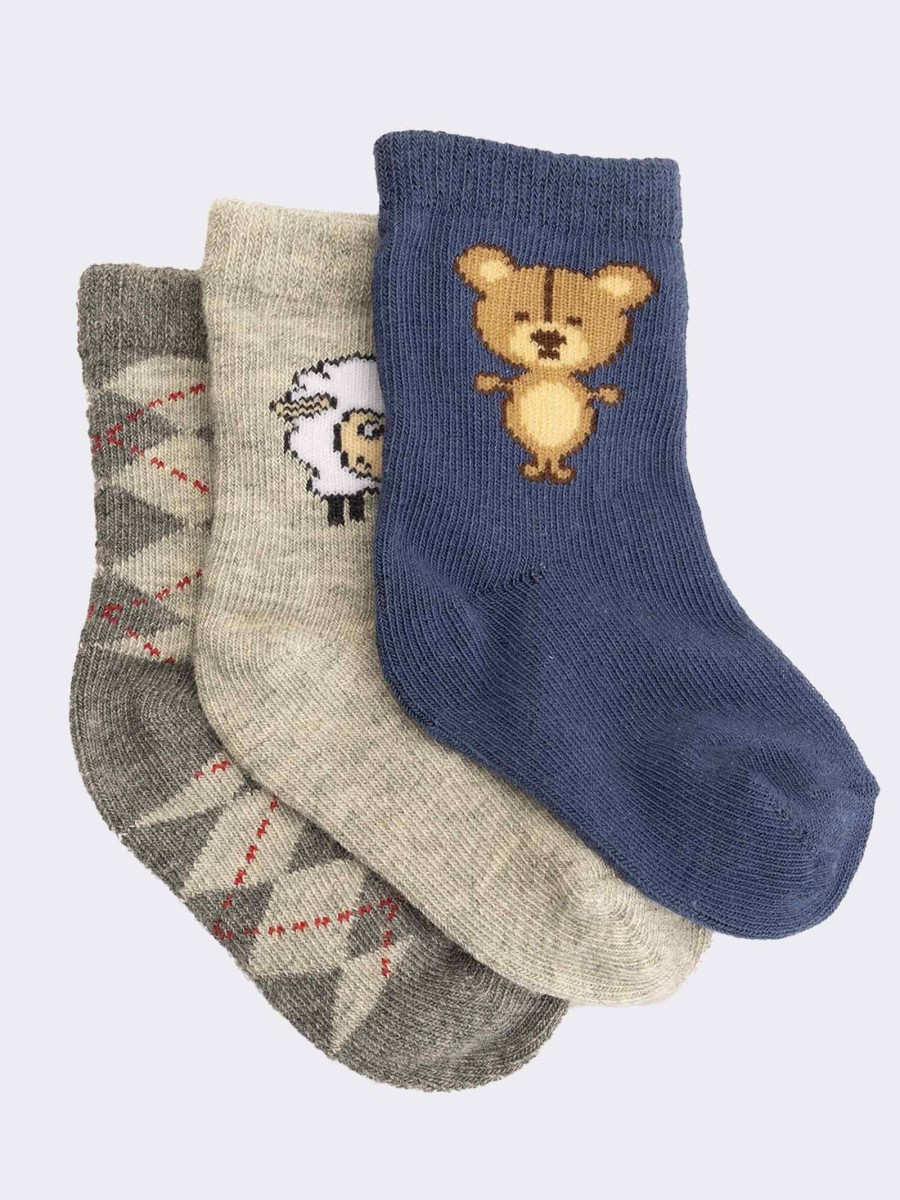 Three animal patterned baby boy socks in warm cotton