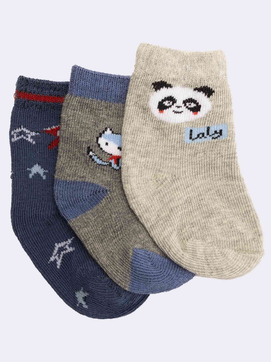 Three animal patterned baby boy socks in warm cotton