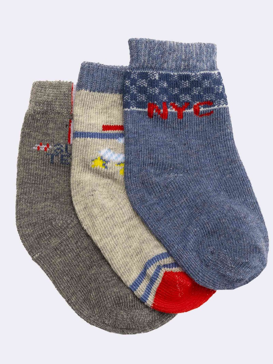 Three mixed patterned baby socks in warm cotton