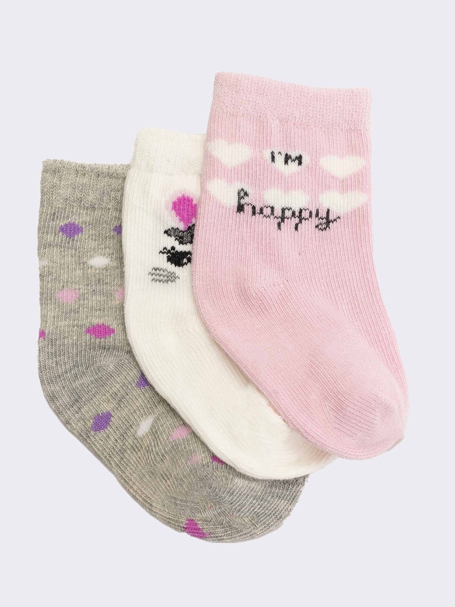 Trio of Happy Love patterned baby socks in warm cotton