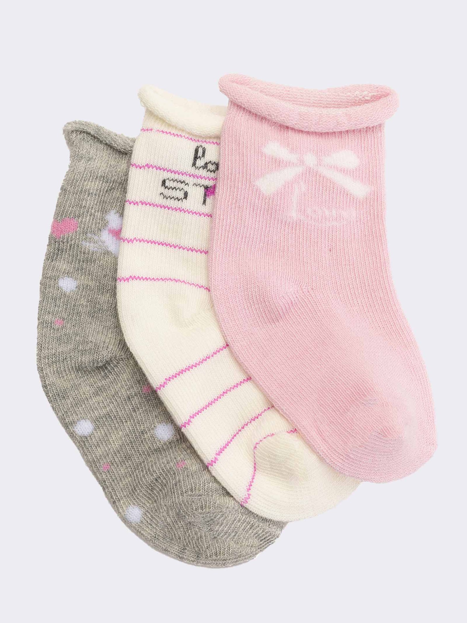 Trio of Happy Love patterned baby socks in warm cotton