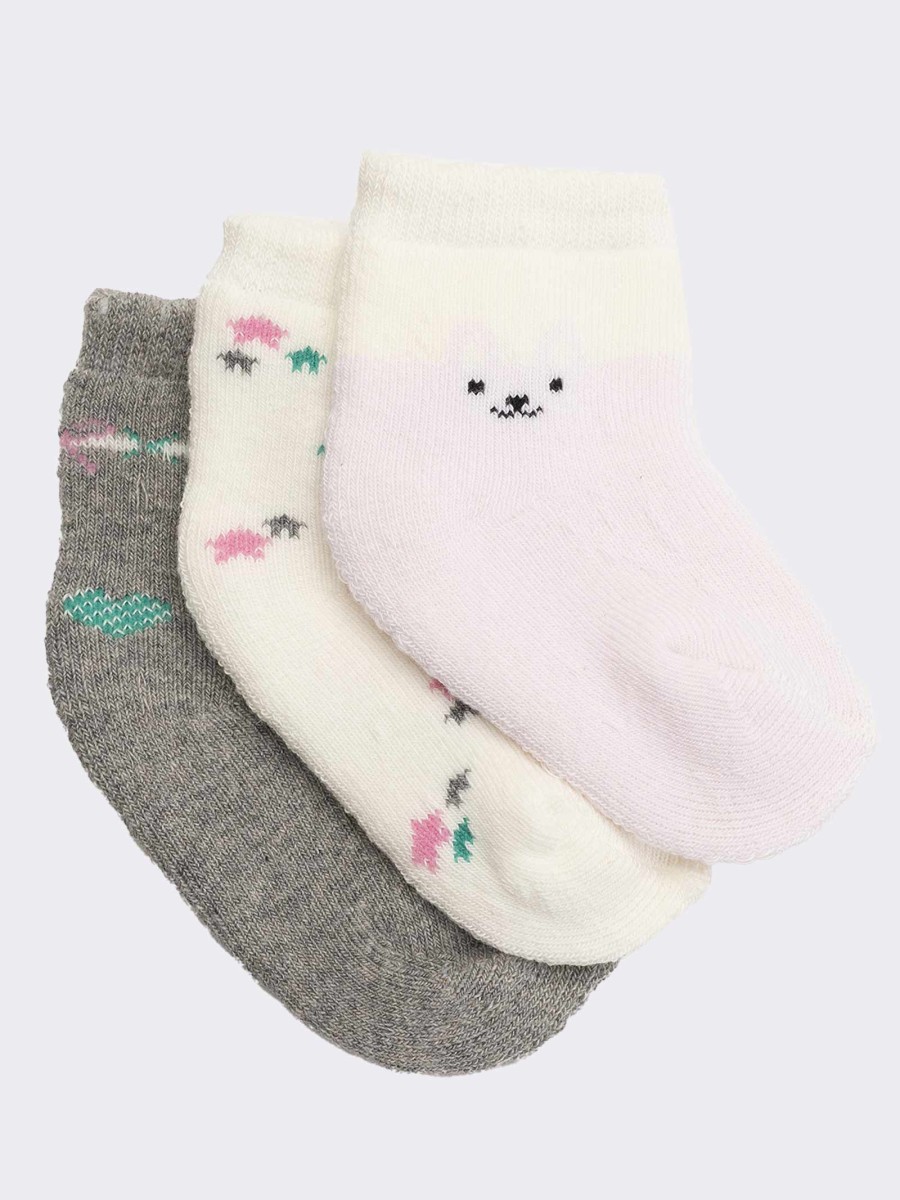 Three mixed patterned baby girl socks in warm cotton