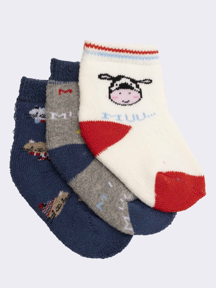 Three baby boy cat and cow patterned socks in warm cotton