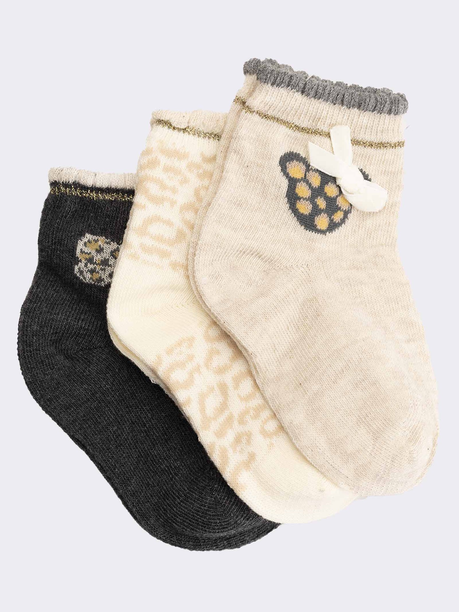 Three animal patterned baby girl socks in warm cotton