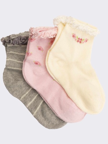 Three mixed flower patterned baby girl socks in warm cotton