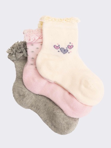 Trio of short baby heart-patterned socks with worked cuff in warm cotton