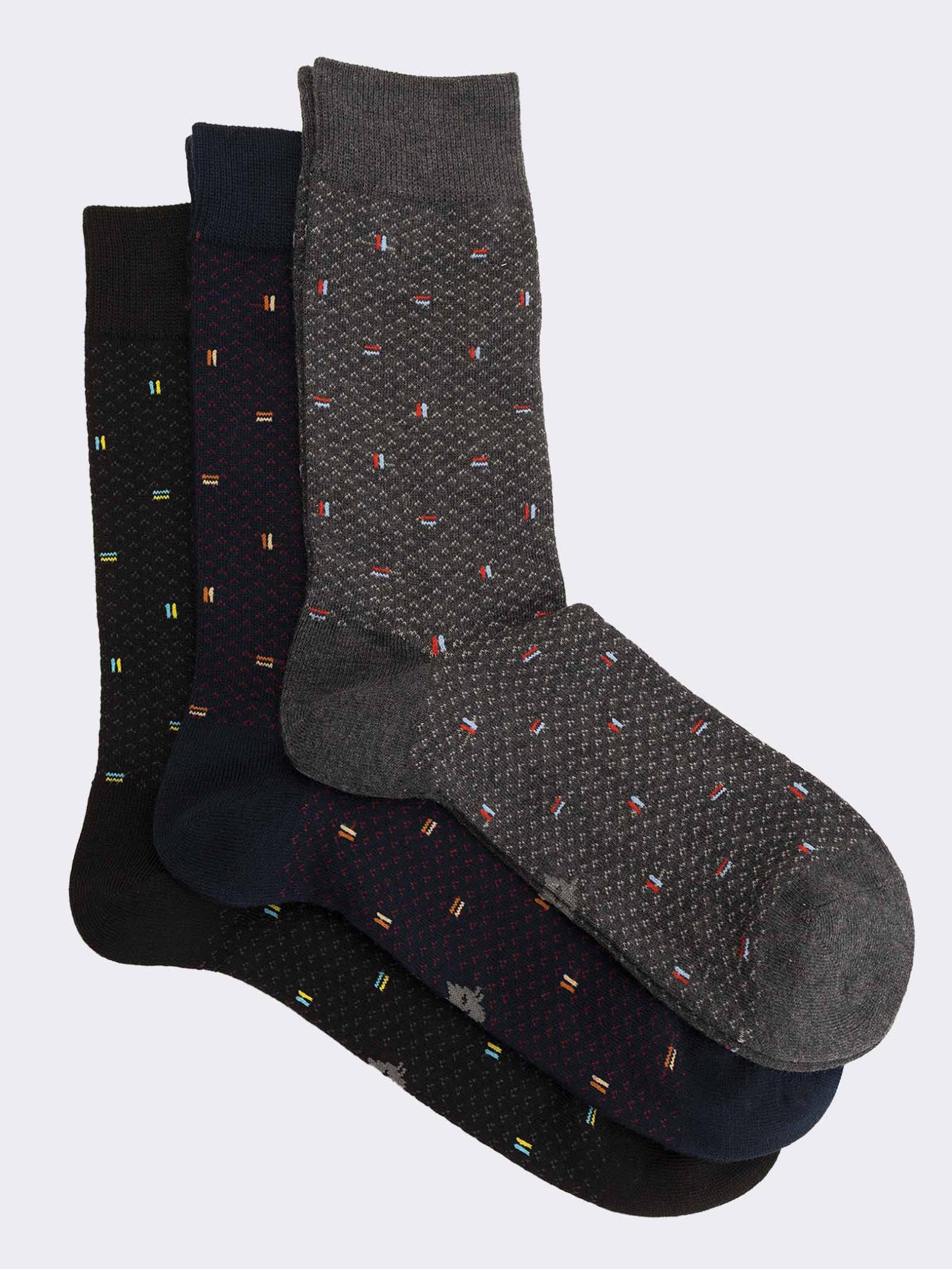 Drei Herren-Crew-Socken mit farbiger Stickerei aus warmer Baumwolle