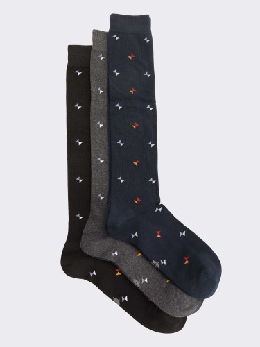 Three men's knee-high socks with coloured embroidery in warm cotton