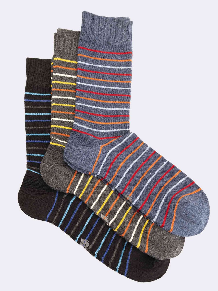 Three men's striped patterned crew socks in warm cotton