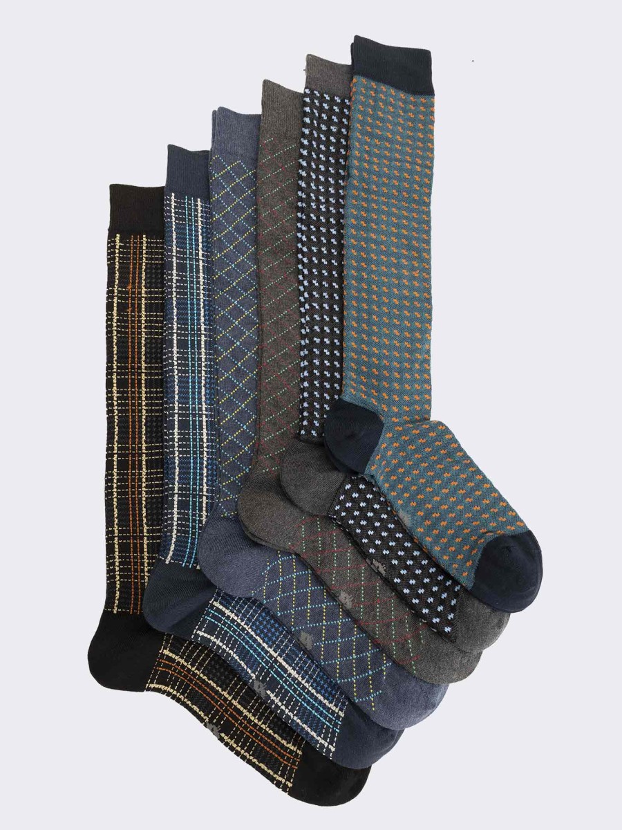 Six mixed patterned men's knee high socks in warm cotton