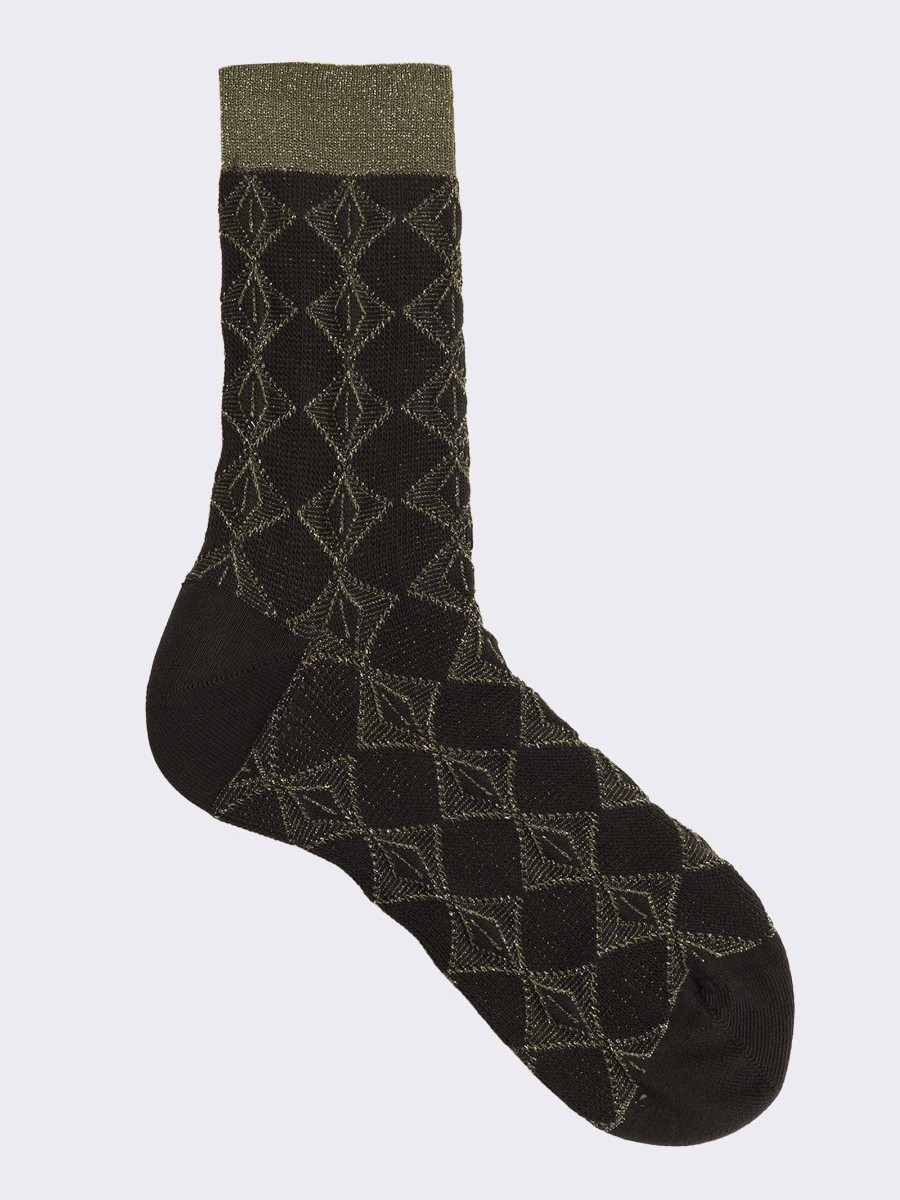 Women's diamond lurex patterned crew socks in warm cotton