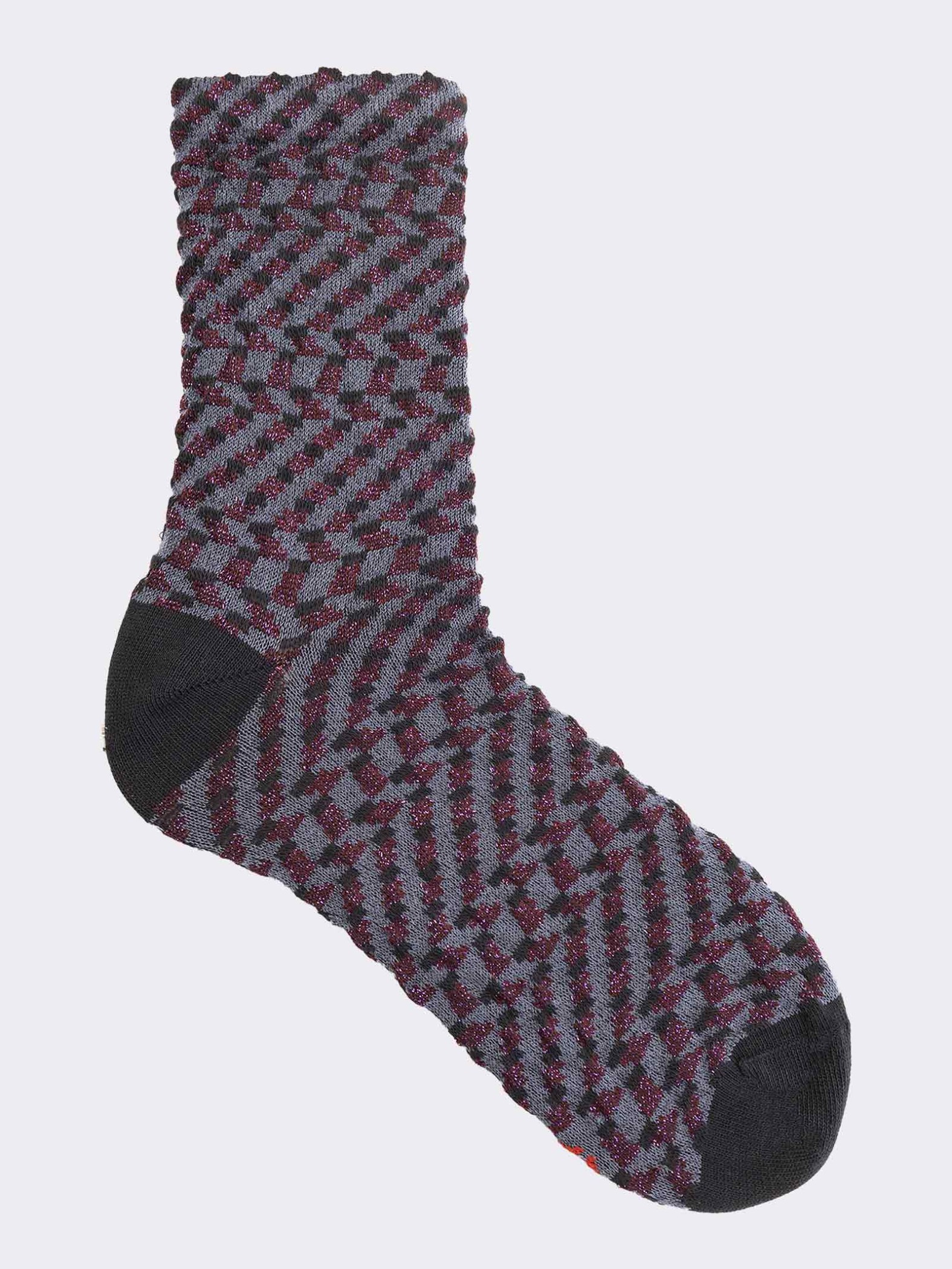 Women's geometric lurex patterned crew socks in warm cotton