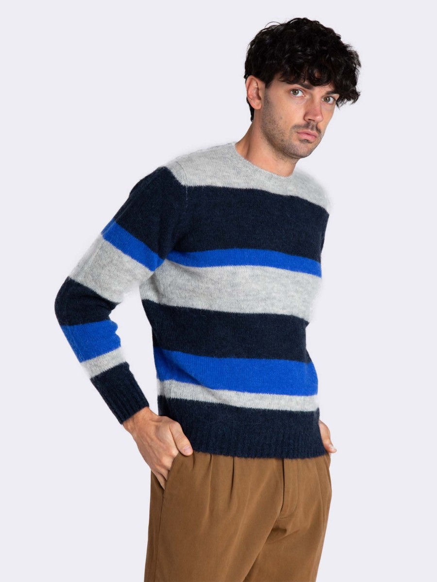 Men's crew-neck striped patterned jumper in wool Made in Italy