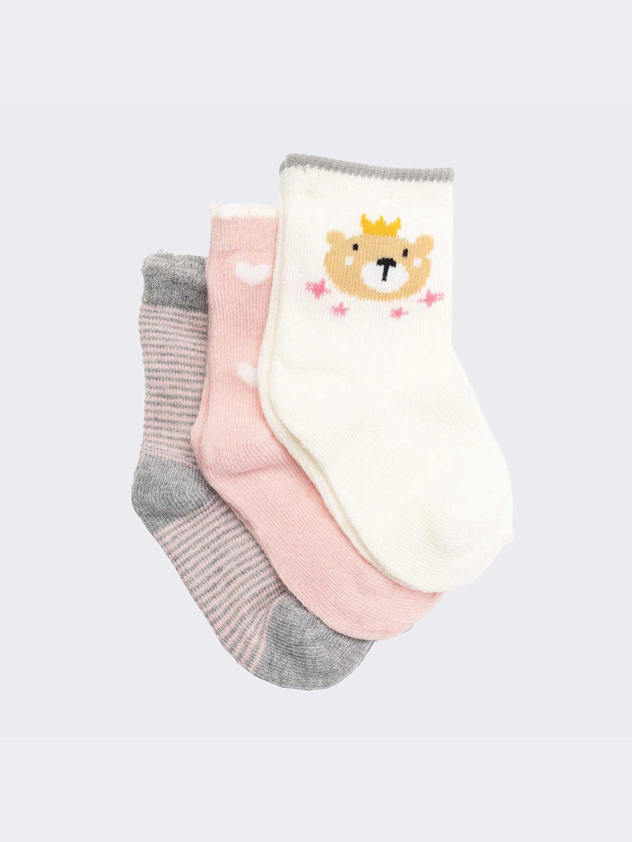 Three patterned baby girl socks in warm cotton - gift pack with Rattle 