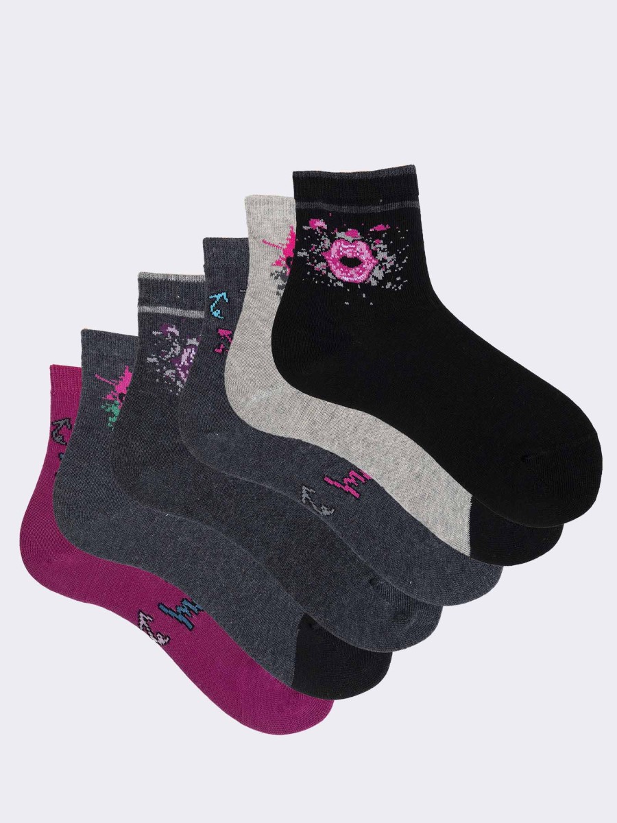 Six pairs of short grirl's socks in warm cotton - mixed pattern