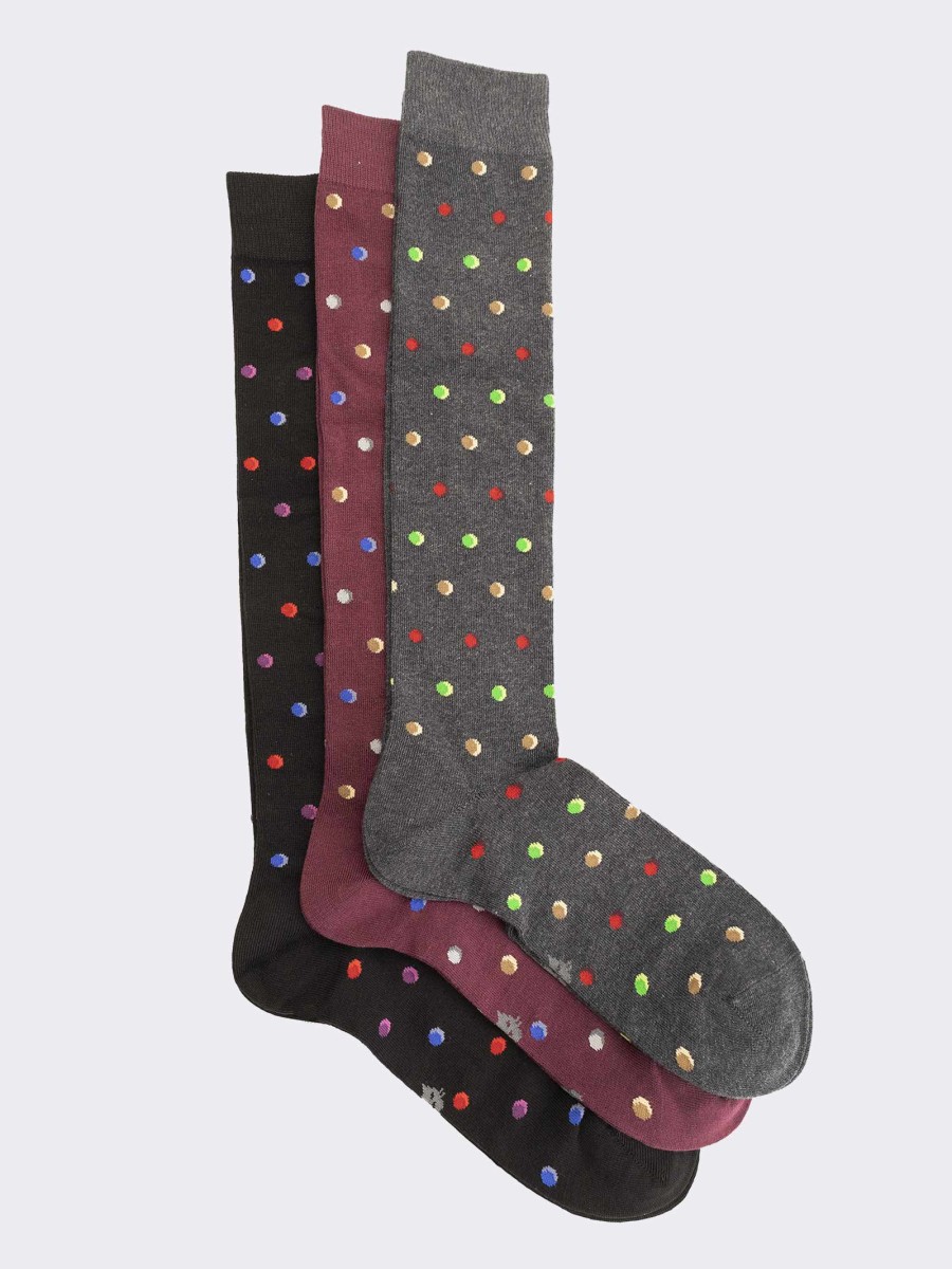 Three men's knee high polka dot patterned socks in warm cotton