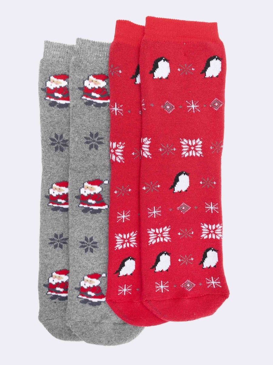 Zwei Paar rutschfeste Kindersocken - Weihnachtsmänner und Pinguine