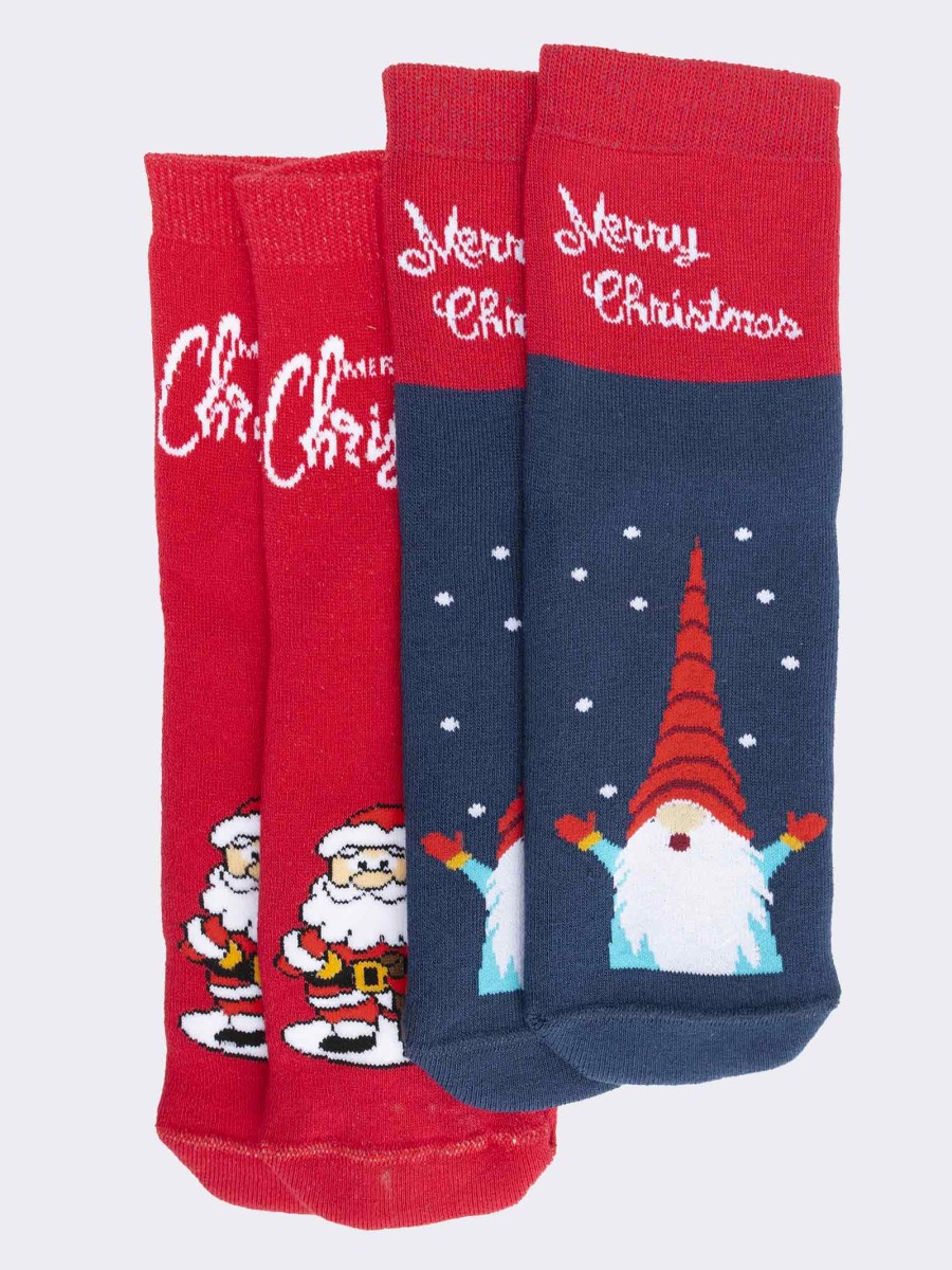 Two pairs of non-slip baby socks with Santa Claus and gnomes pattern