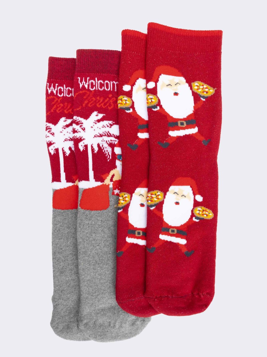 Two pairs of men's non-slip socks with Santa Claus and Christmas patterns
