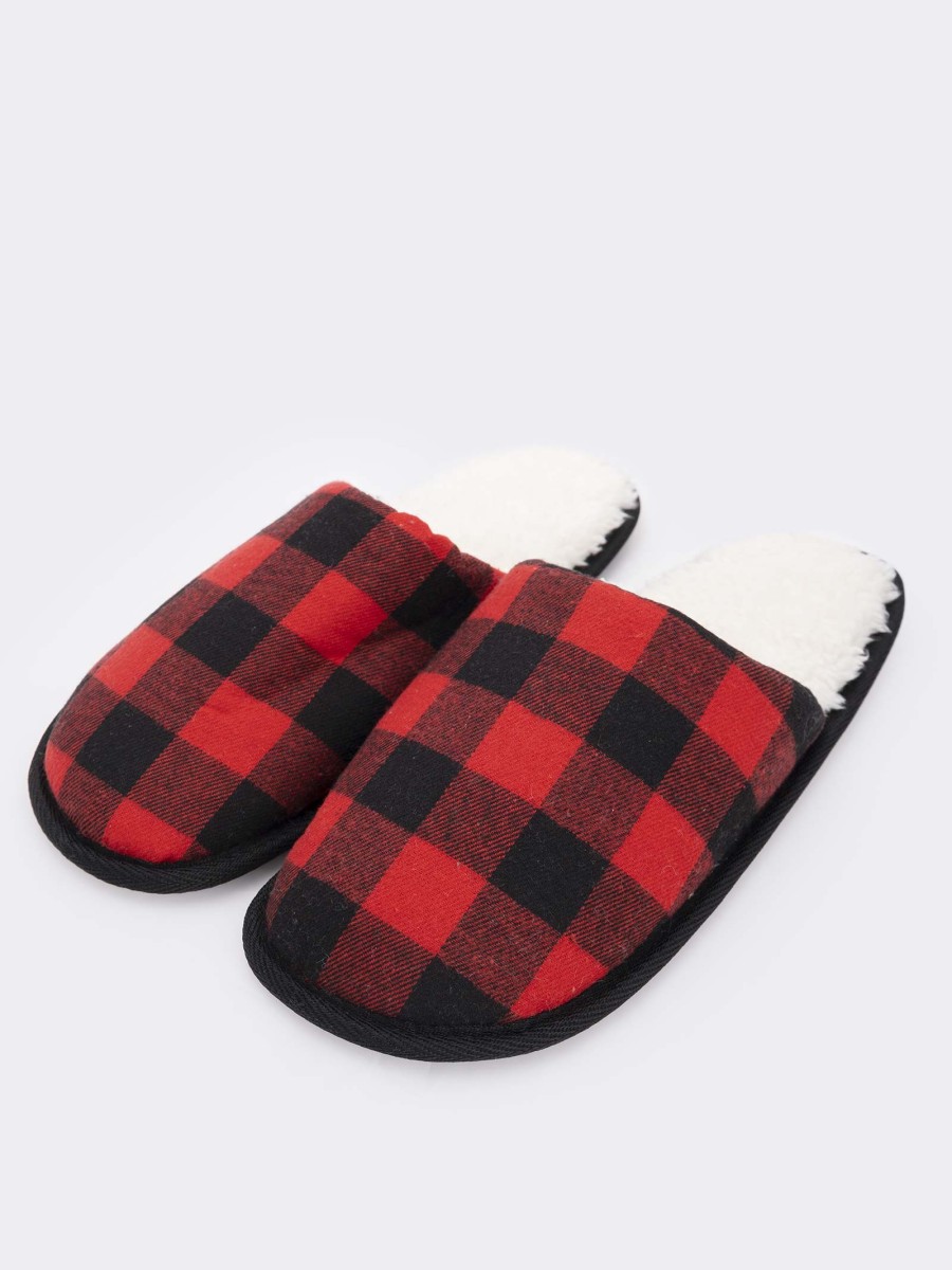 Men's two-tone checked slippers with warm interior