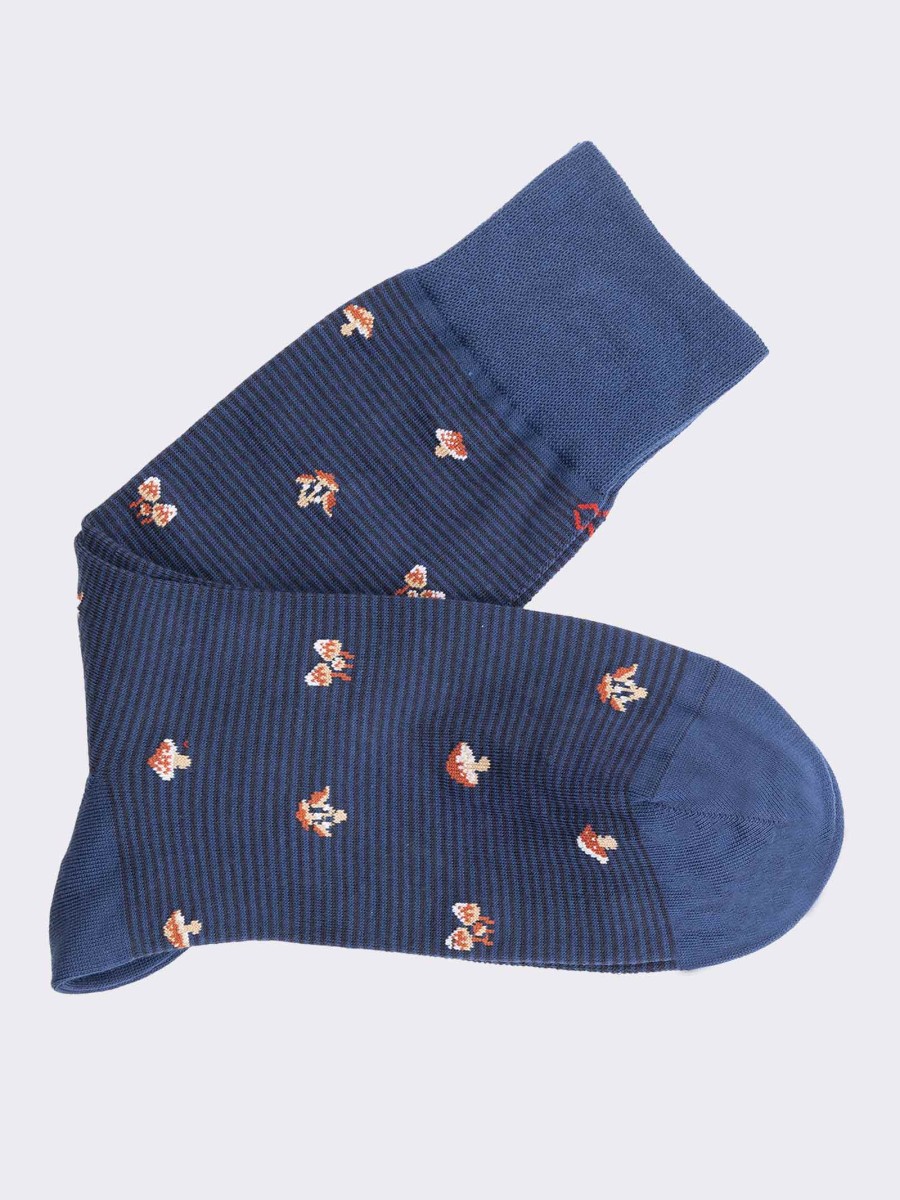 Men's short socks mushroom pattern on stripes in warm cotton