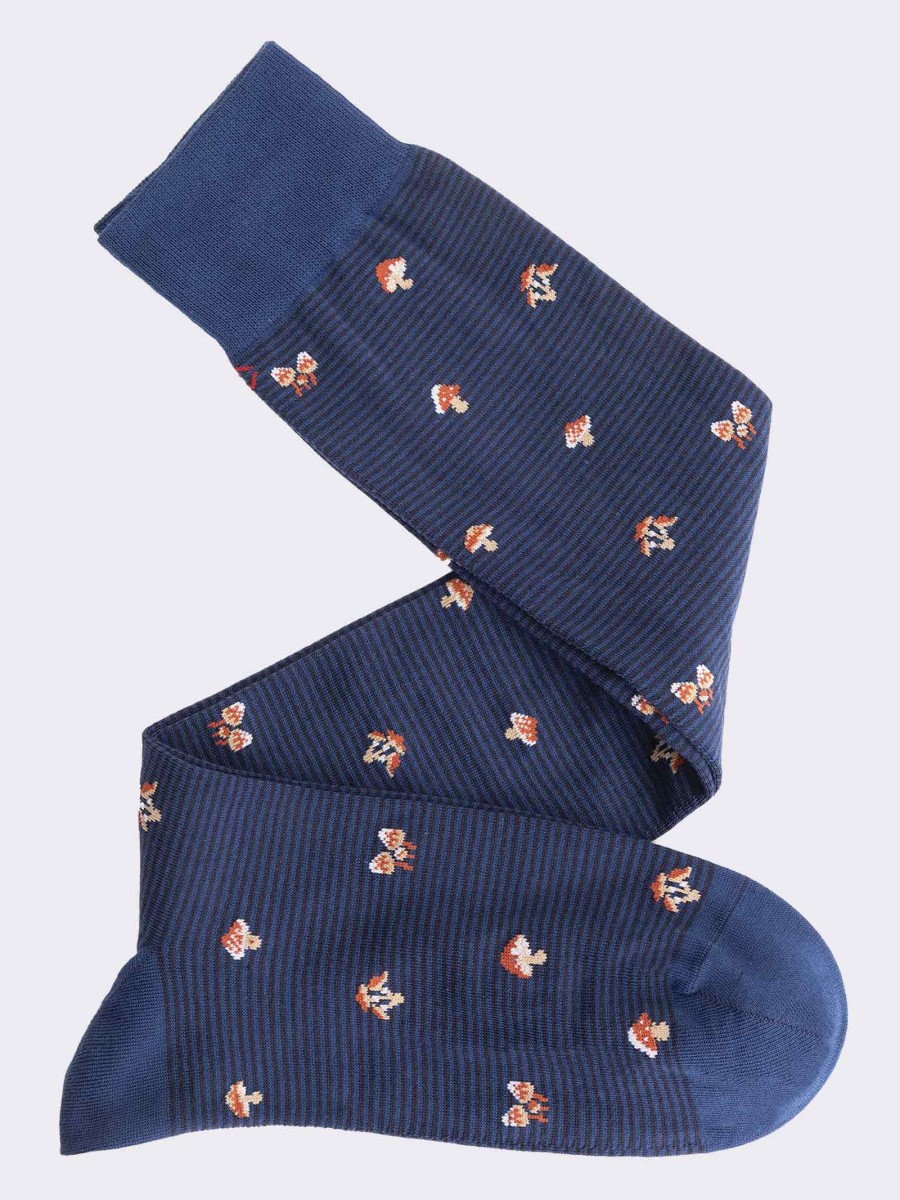Men's knee high socks with mushroom pattern on stripes in warm cotton