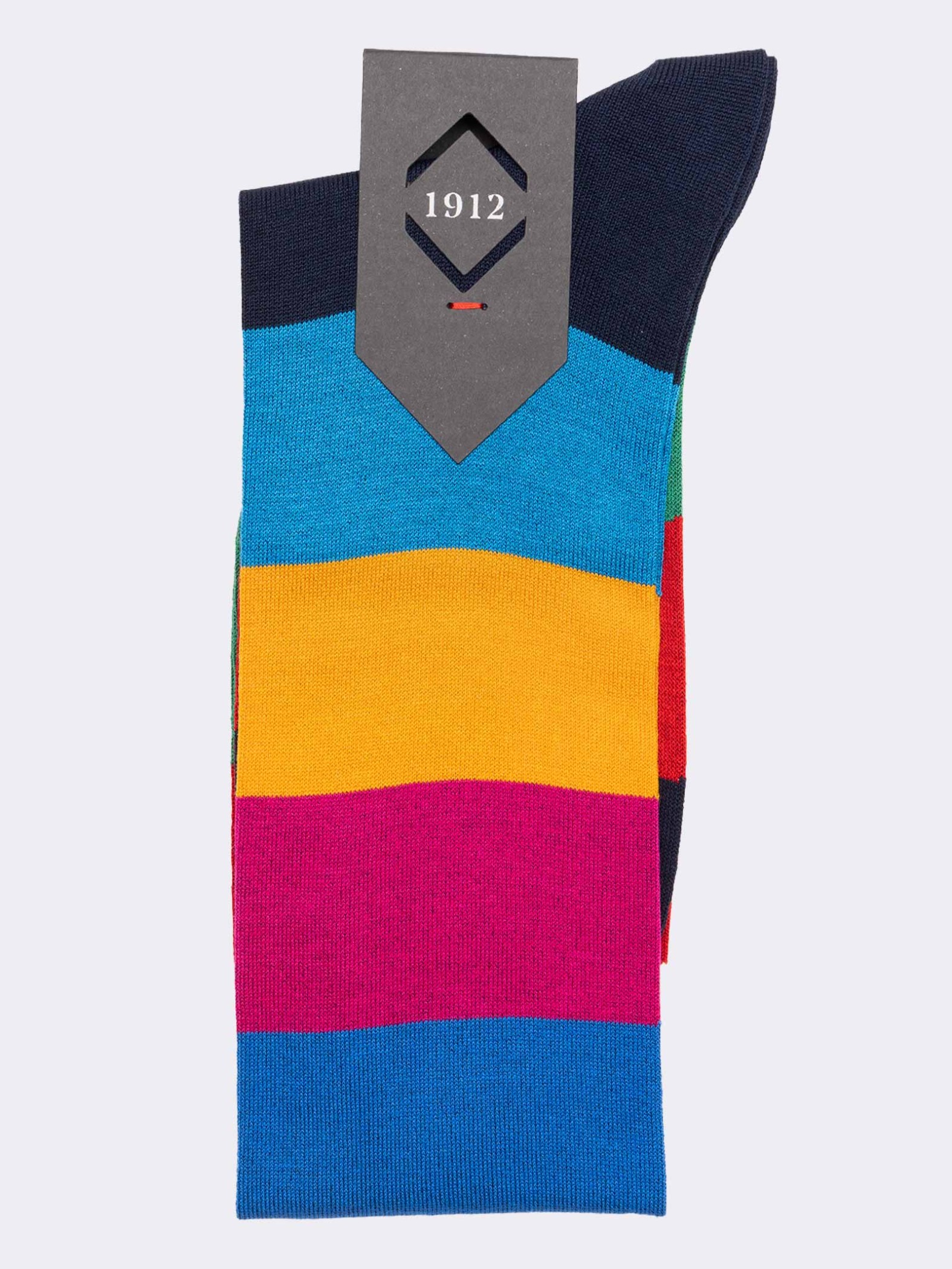 Multicoloured band patterned men's knee-high socks in fresh Cotton - Made in Italy